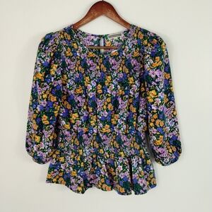 Anthropologie Pleione Floral Blouse Small 3/4 Sleeve Allover Print Boho Art